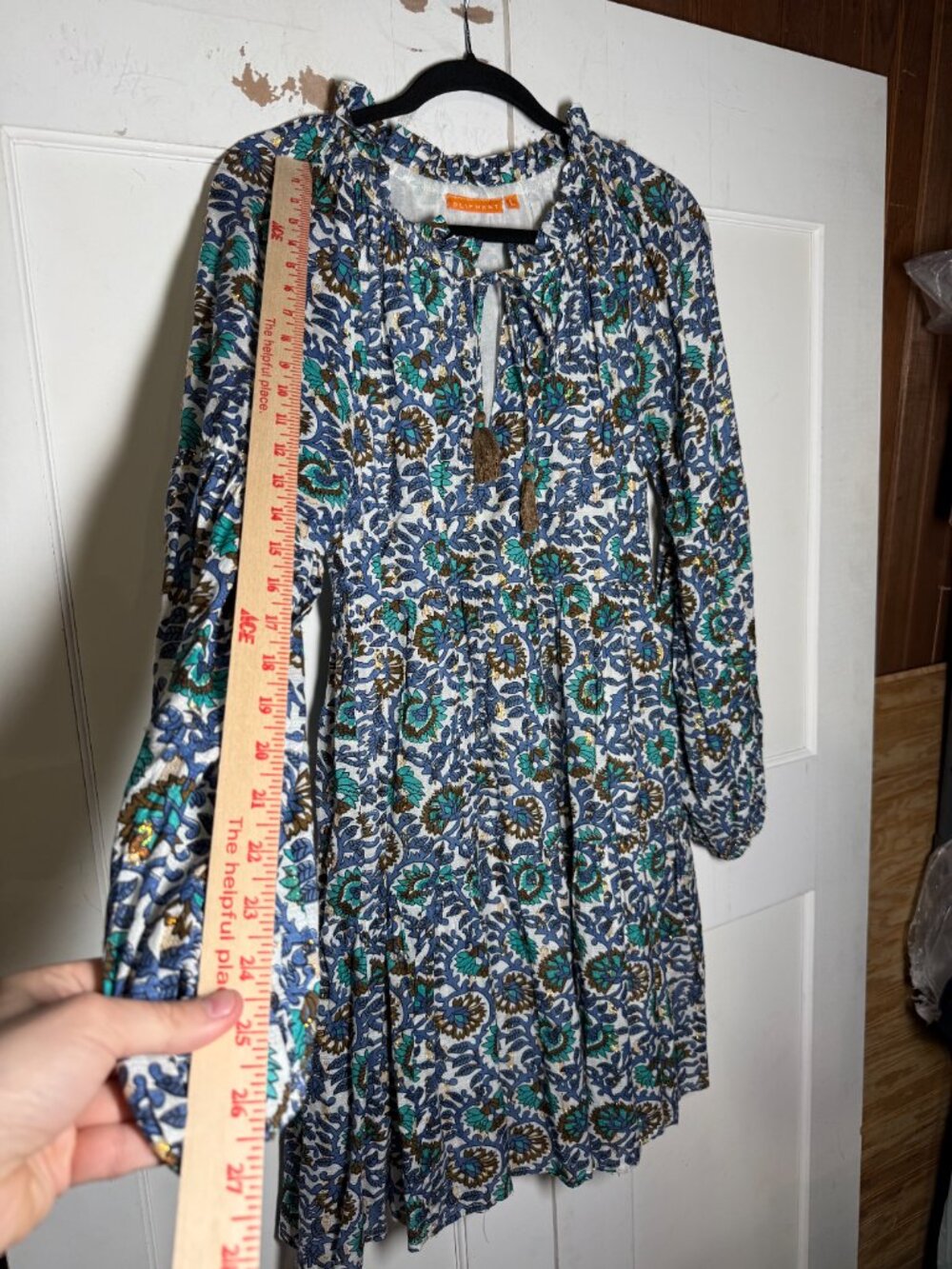 Oliphant Balloon Sleeve Mini Dress Napa Blue Gold Green Size Large Tassels - Picture 6 of 10